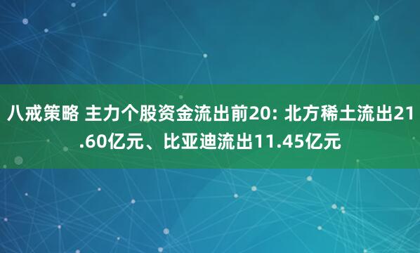 八戒策略 主力个股资金流出前20: 北方稀土流出21.60亿元、比亚迪流出11.45亿元